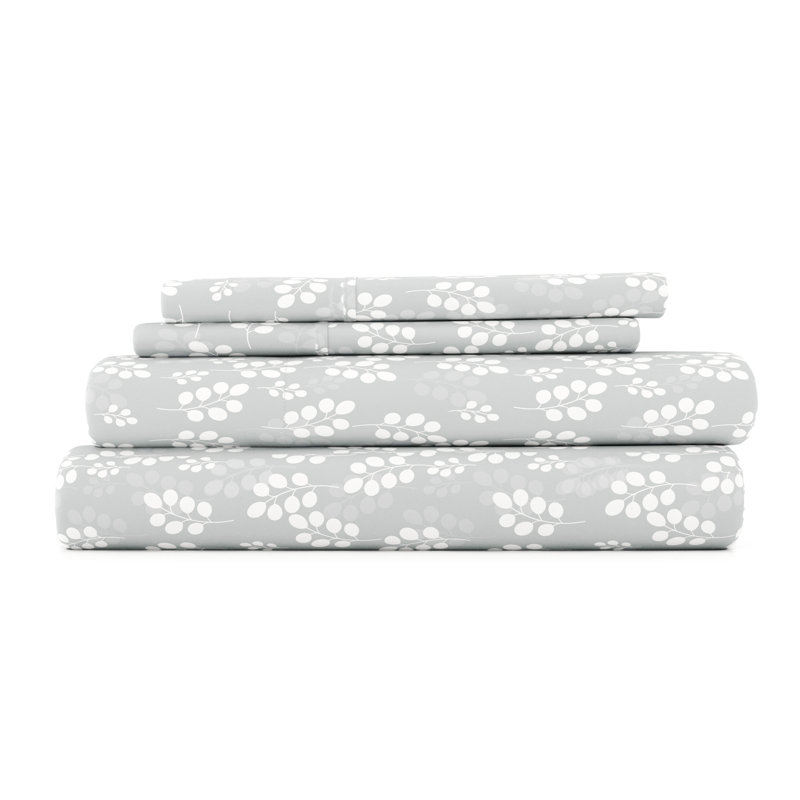 Gray Floral Print Microfiber Full Sheet Set