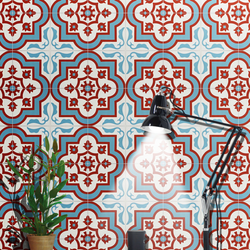 Taza 8" x 8" Cement Patterned Wall & Floor Tile, Blue/Red/White