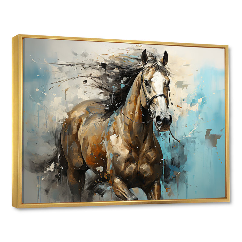 Cheval galopant fantaisiste - cheval, art mural, H 34 po x l 44 po x P 1,5 po, Cadre flottant doré