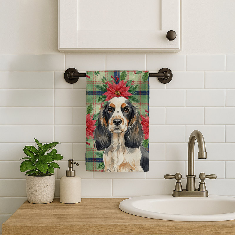Parti Cocker Spaniel Christmas PoinsettIas Kitchen Towel, White/Black Parti Cocker Spaniel