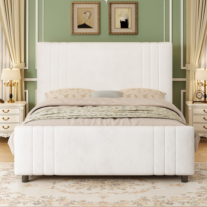 Velvet Upholstered Platform Bed with Tall Channel-Tufted Headboard and Footboard, Kingsize (5'), Cream