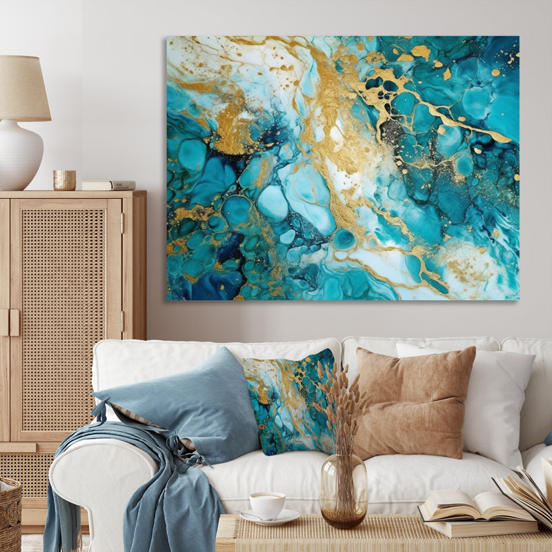 «Turquoise Luxury Abstract Fluid Art VI», reproduction d'art sur toile, Toile tendue, 34" H x 44" W