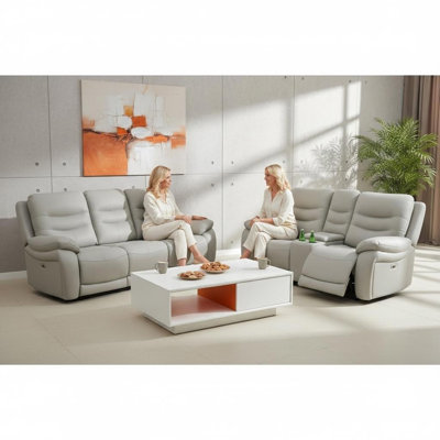 Light Grey 3-Piece Power Reclining Sofa Set, Breathable Faux Leather With LED Lights, USB Charging,  Solid Wood Frame For Living Room