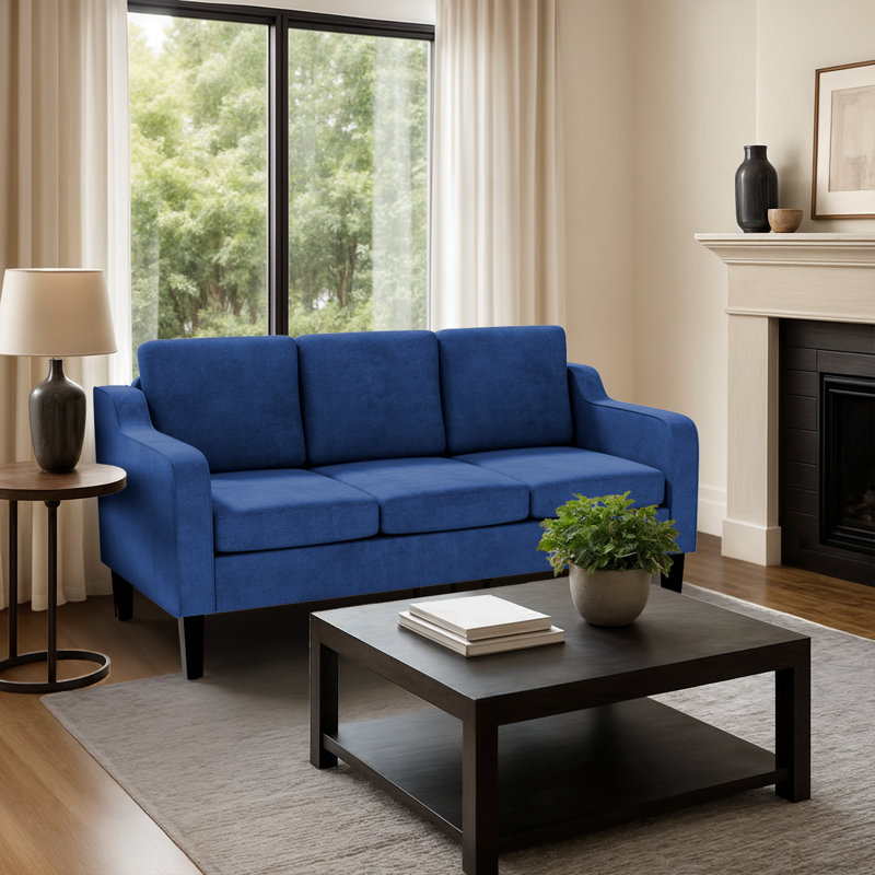 64" Mid-Century Modern 3-Seater Sofa 4" Wide Arc-Notched Armrests Compact Design, Blue