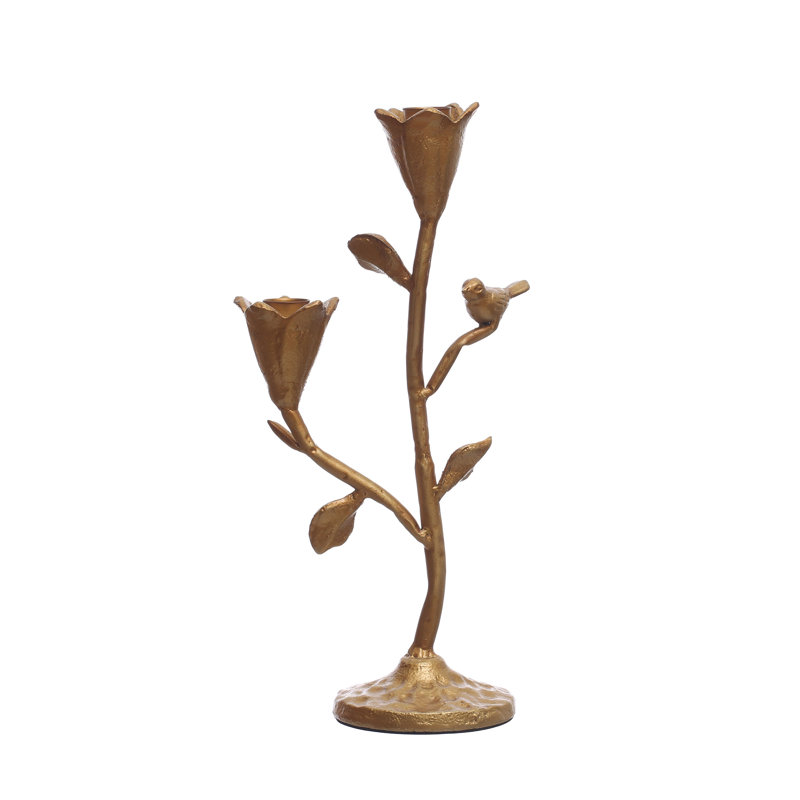 Tall Hand-Forged Cast Iron Candelabra with Flowers and Bird, Gold