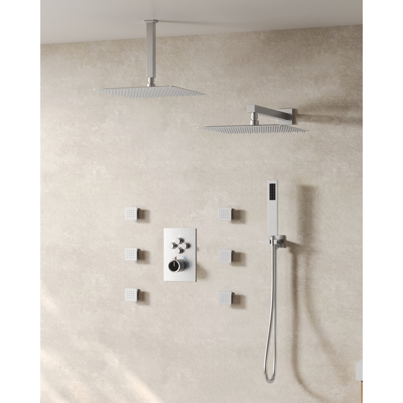  Thermostatic Dual Showerheads System, 12" High-Pressure Rainfall Shower Faucet with Handheld Spray and Body Jet