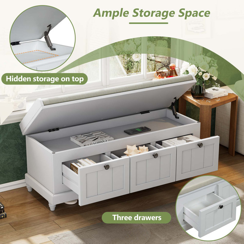 Classic Upholstered 3-Drawer Storage Bench, Light Gray