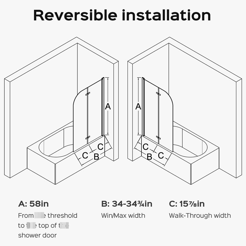 34" Wide 58" High Bathroom Pivot Bathtub Door, 6mm Clear Tempered Glass, Finish, Reversible Installation, Lifting Structure, And Hygiene - Design X Shower Tub 1/4" (6mm) Thick Stable Wall Mounting,