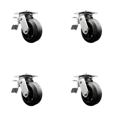 5 Inch Rubber on Steel Caster Set with Roller Bearing and Total Lock Brake SCC