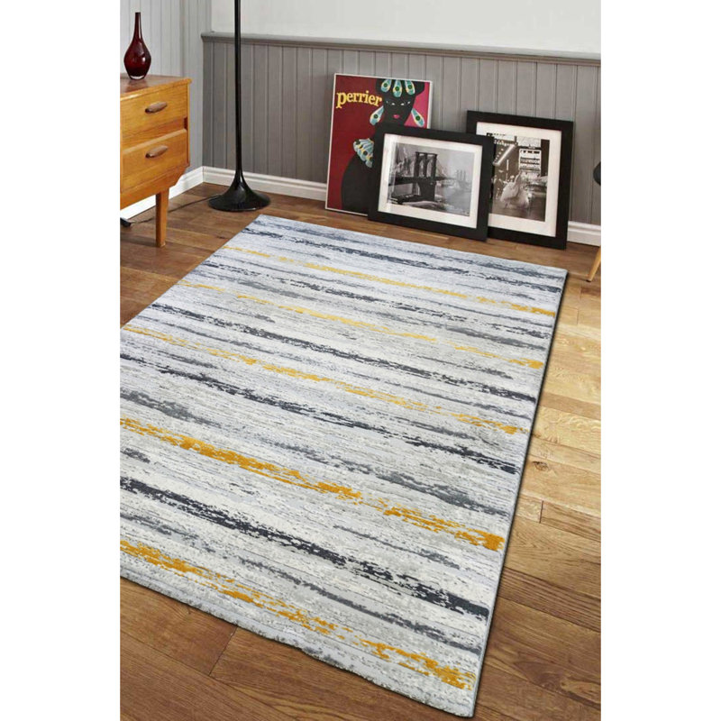 Tapis jaune / gris en polypropylène tissé à la machine 6 pi 7 po x 9 pi 6 po, Rectangle 4 pi 11 po x 7 pi 8 po