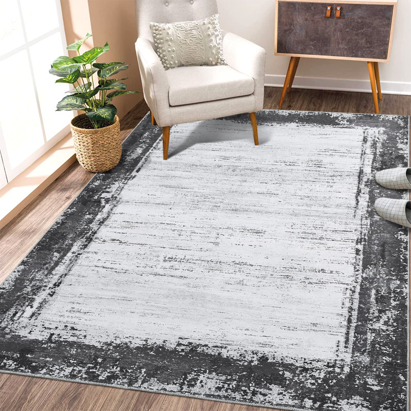 Machine Washable Rugs Bordered Modern Non-Slip Low Pile Rubber Backing Indoor Area Rug for Living Room Bedroom Kitchen Dining Room
