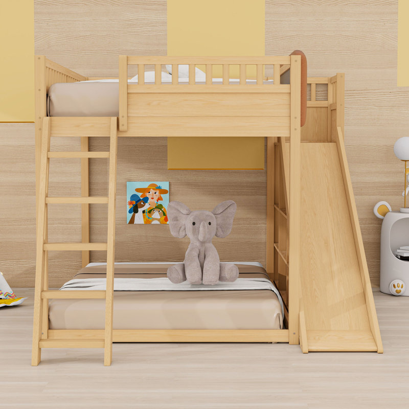 Loft Bed With Storage Shelves, Ladder, Guardrails And Built-In Slide, Natural, Queen