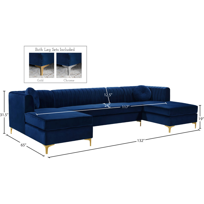 Graham 132" Wide Velvet Symmetrical Modular Sofa & Chaise, Navy Velvet