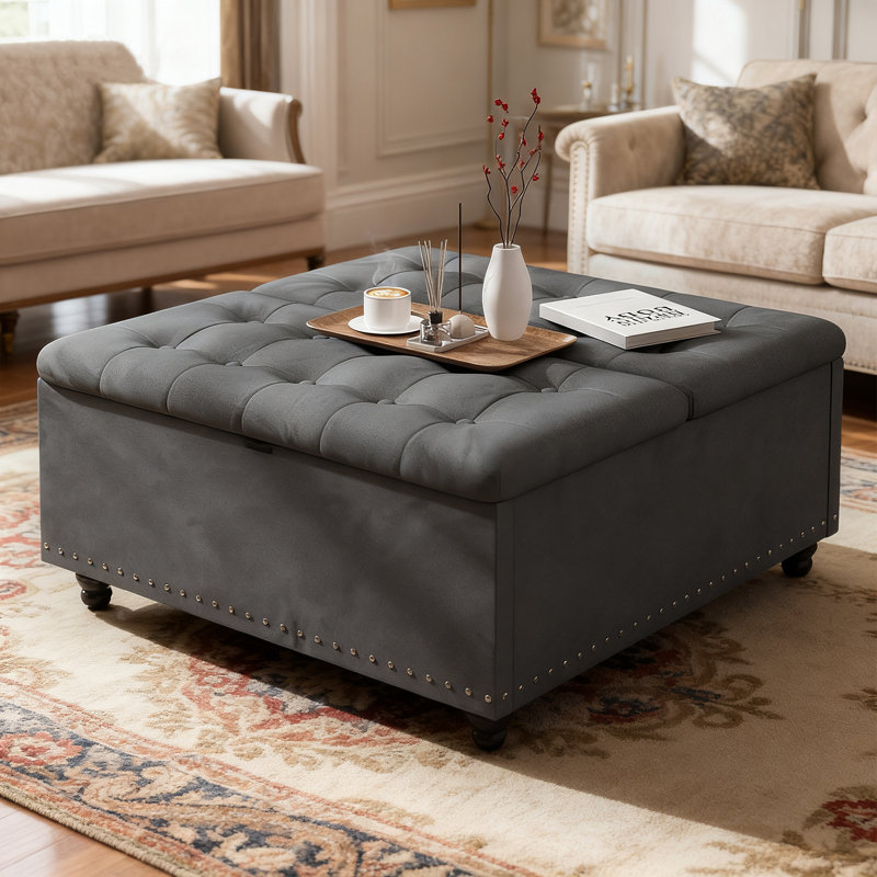 33.5"W Upholstered Square Coffee Table Storage Ottoman With Split Lift Top, Gray