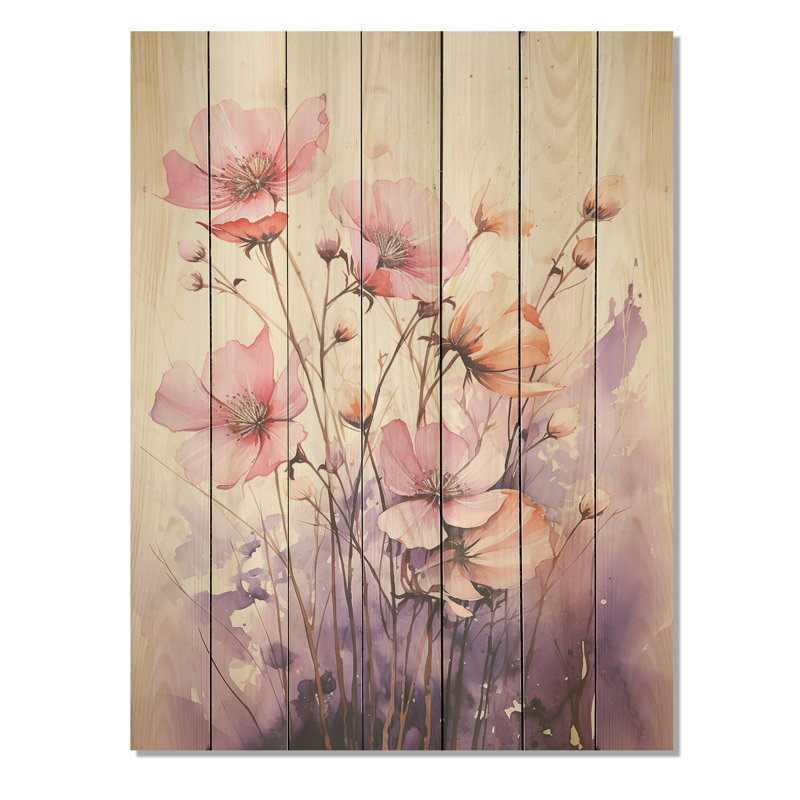 Motif de coquelicots roses et coraux II - coquelicots sur bois, H 40 po x l 30 po