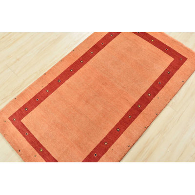 Tapis de couloir orange en laine noué à la main de conception unique 2 pi 11 po x 5 pi 1 po