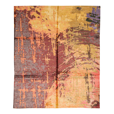 Tapis jaune / rose en laine / viscose noué à la main 8 pi x 10 pi