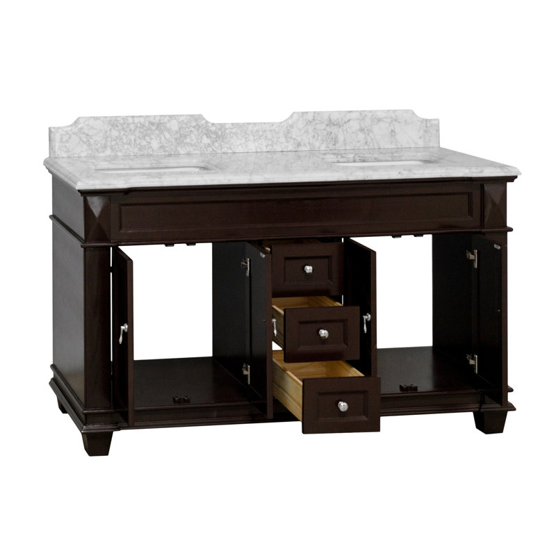 Ensemble de meuble-lavabo double 60 po Ensa, Chocolat, Marbre de Carrare