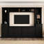 Meuble télé pour téléviseurs de 75 pouces, noir, avec grand espace de rangement et hauteur réglable, style moderne.
