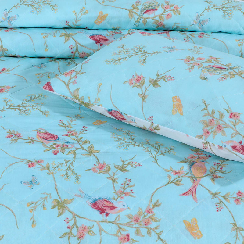 Berenices Birds Floral Duck Egg Bedspreads Set Quilted Bedspread sets with Bed Comforter Pillowsham, 230 x 250 cm