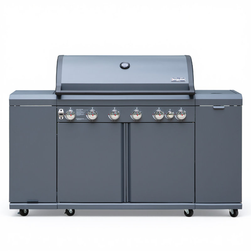 Îlot de cuisine au gaz pour barbecue à 6 brûleurs Brand-Man, convertible GPL / NG, avec brûleur latéral, table pliante et armoires de rangement, 72 000 BTU