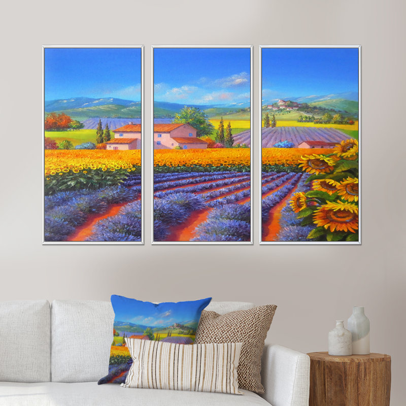 Lavande et champs de tournesols - Peinture sur toile 3 pièces, H 32 po x l 48 po, Blanc