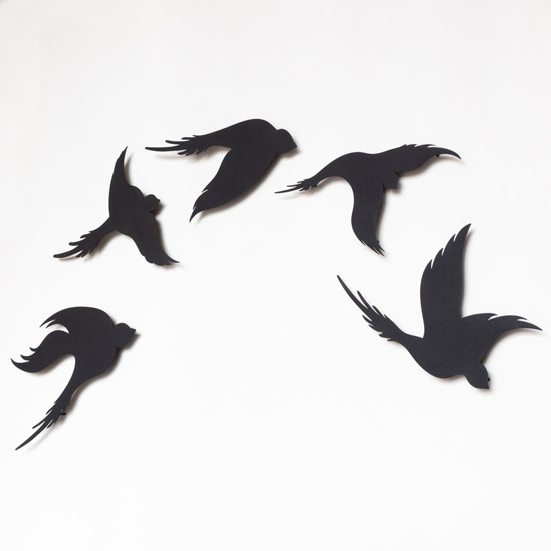 Ensemble de 5 décorations murales oiseaux en métal, Noir