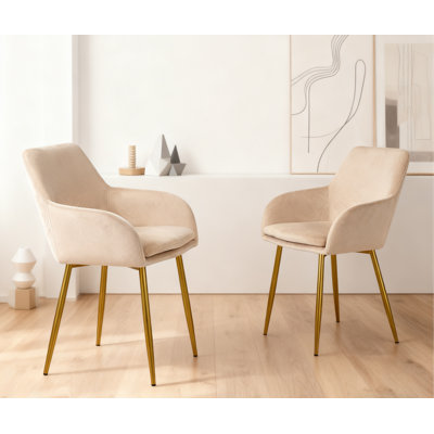 Beige Velvet Dining Chairs With Gold Metal Legs, Set Of 2