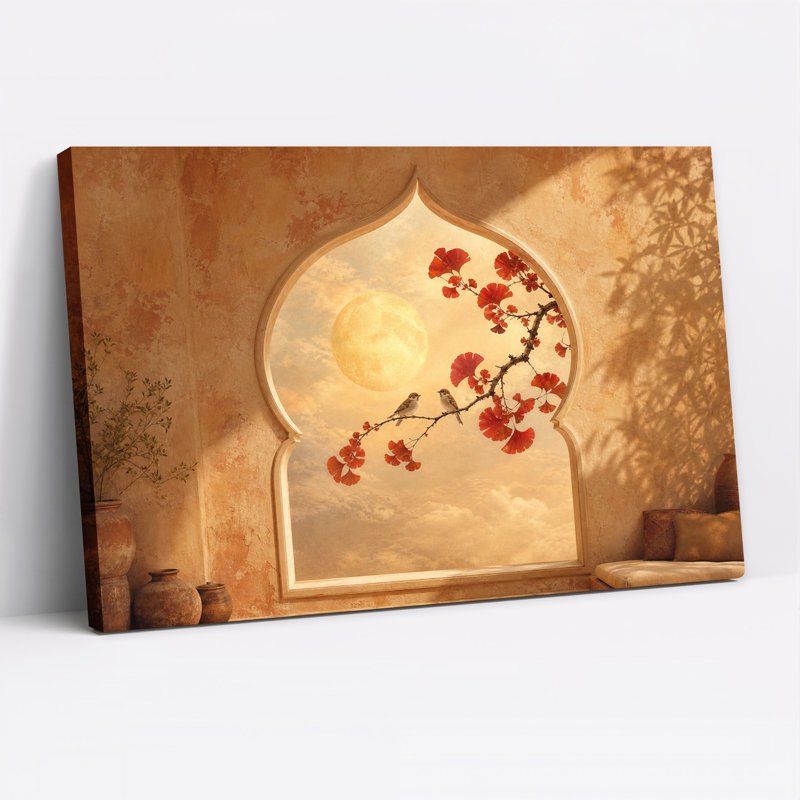 Tableau sur toile représentant deux oiseaux sur une branche de ginkgo rouge dans une fenêtre cintrée, H 32 po x l 48 po