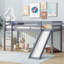 Lit simple mezzanine bas avec glissade, échelle, barrières de sécurité, lit mezzanine simple en bois d'hévéa, gris
