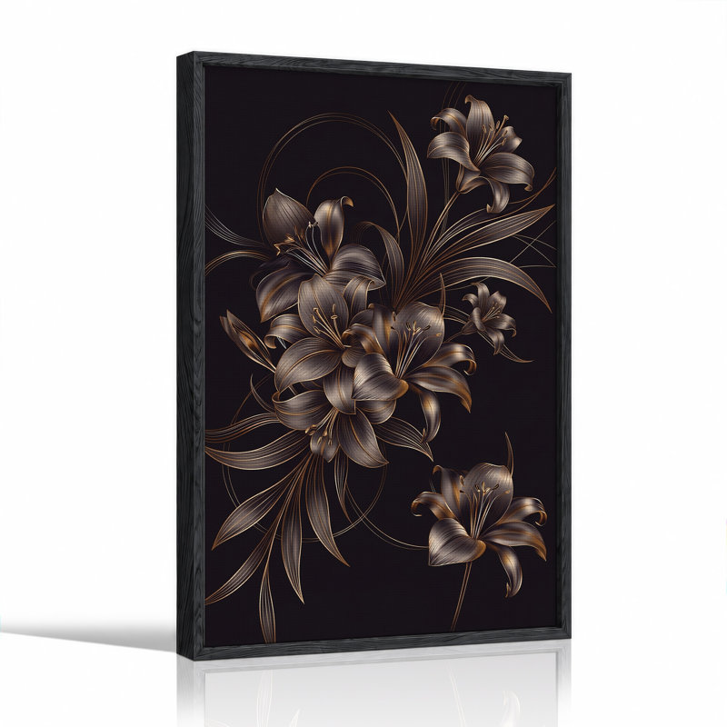 Art mural sur toile, lis métalliques bronze sur fond noir, 36"H x 24"W