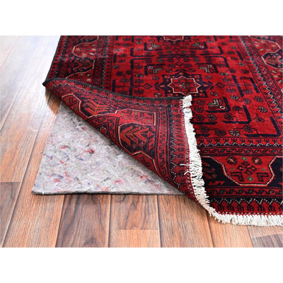 Tapis oriental rouge, cramoisi 2 pi 9 po x 4 pi 1 po, motif andkhoy afghan avec motif géométrique, tapis oriental, laine douce et veloutée
