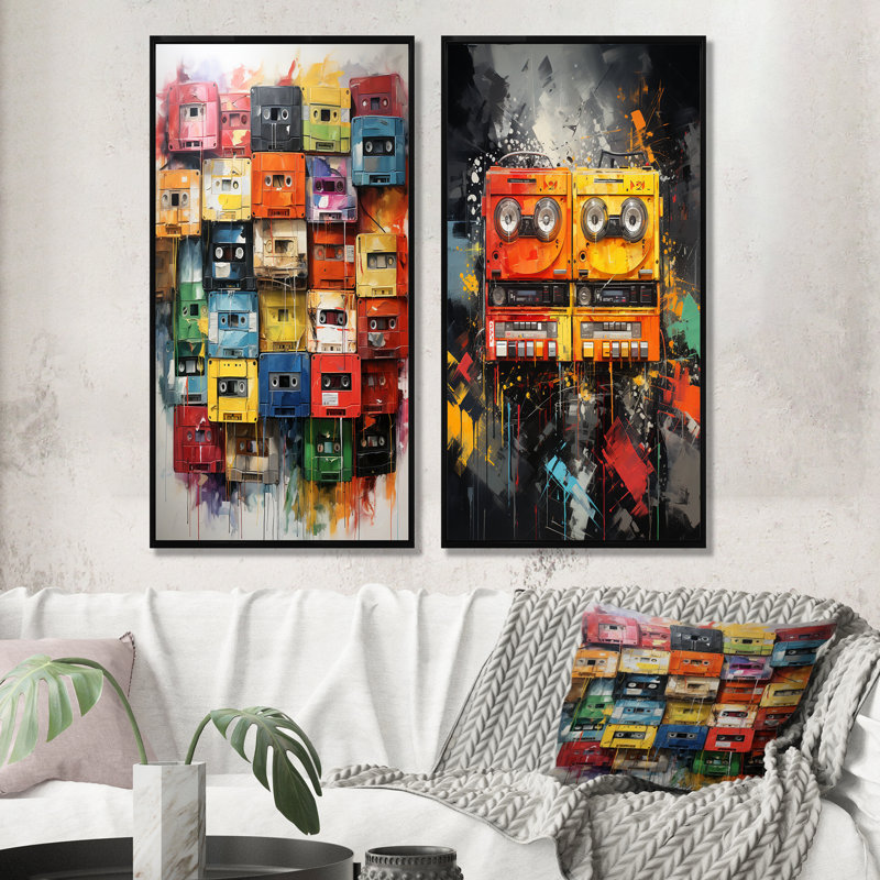 Pop Art Cassette Tapes Melody I - Cassette Tapes Wall Art Prints Ensemble de 2, Cadre noir, H 32 po x l 33 po