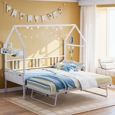 Twin Daybed With Trundle, House-Style Bunk Bed Frame With Storage, Sofa Daybed For Living Room, Bedroom, Or Guest Room, White