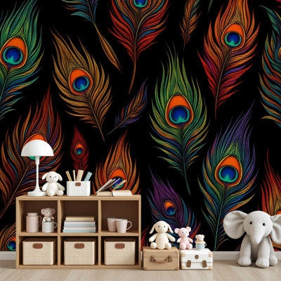 Papier peint adhésif de style bohème noir plume de paon multicolore de style bohémien 69 po x l 96 po, amovible, papier peint adhésif mural en PVC pour chambre à coucher, bureau à domicile