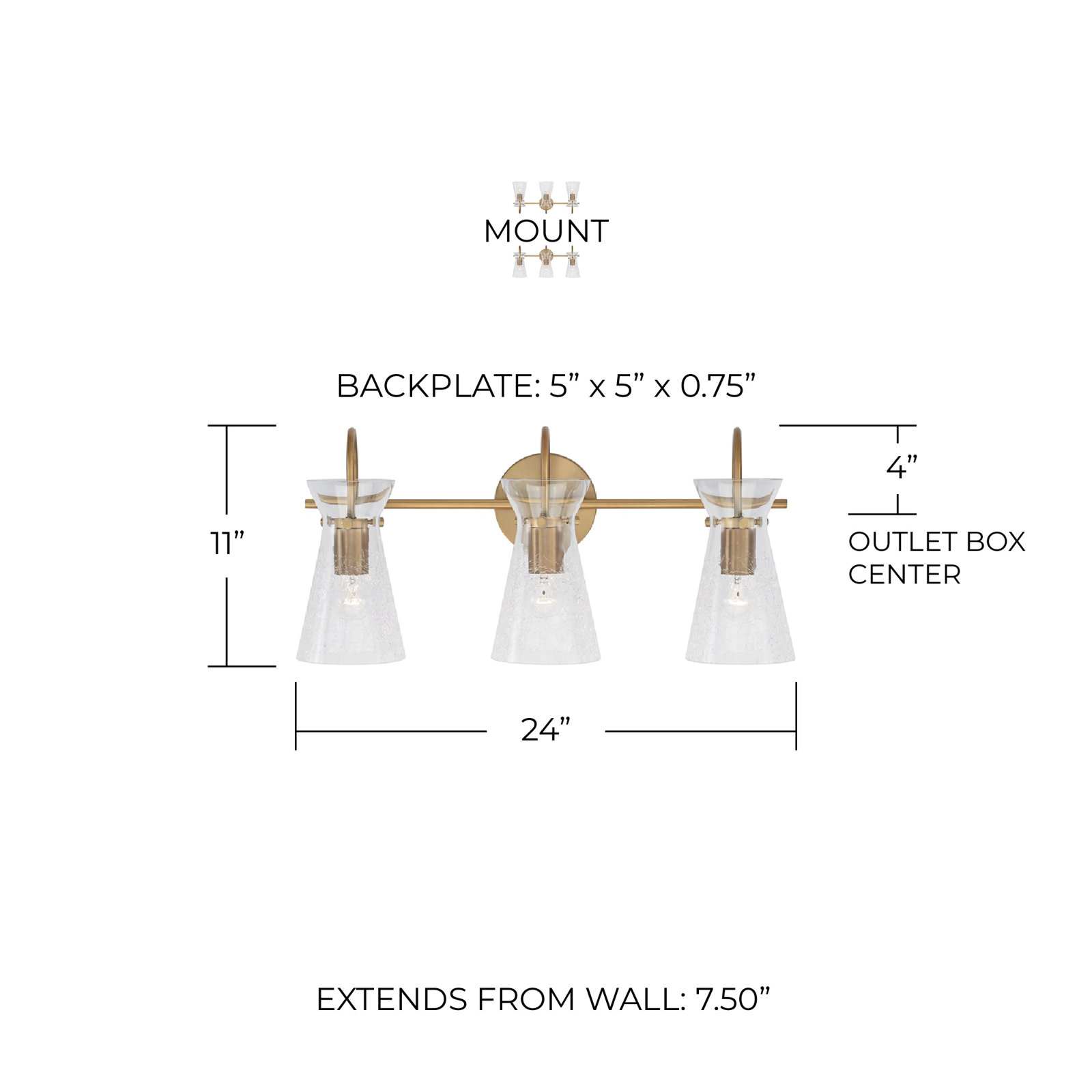 3 Light Crackled Dimmable Vanity Light, Brass