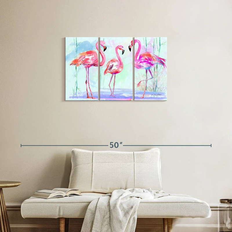 Trio de flamants roses sur fond bleu, H 20 po x l 33 po