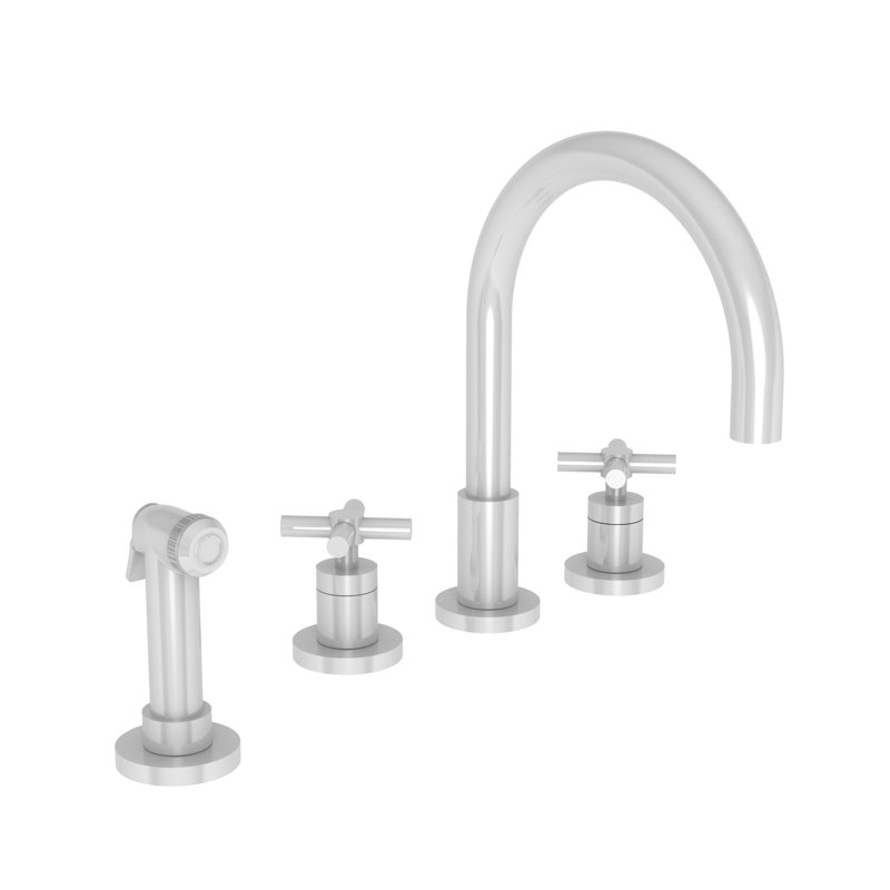 East Linear Double Handle Kitchen Faucet with Side Spray, Antique Brass, Cross
