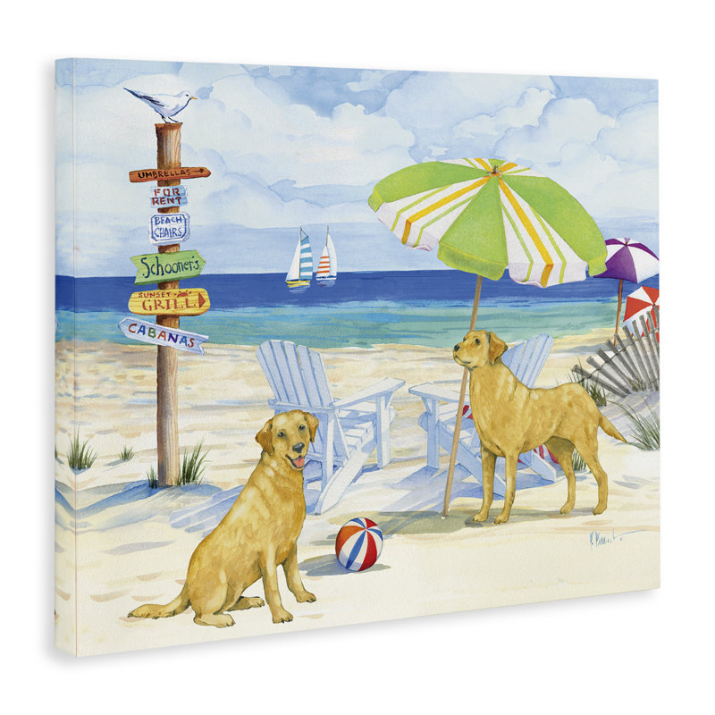 "Retriever Dogs at Beach", art mural sur toile par Paul Brent, H 24 po x l 30 po