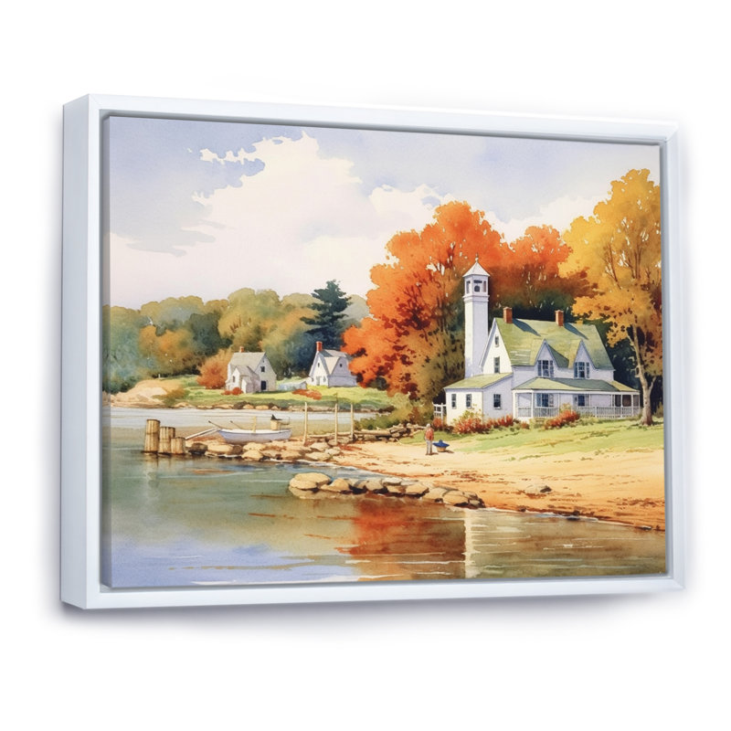 Connecticut's Lake Village Charm II - reproduction sur toile, H 30 po x l 40 po x P 1,5 po, Cadre flottant blanc