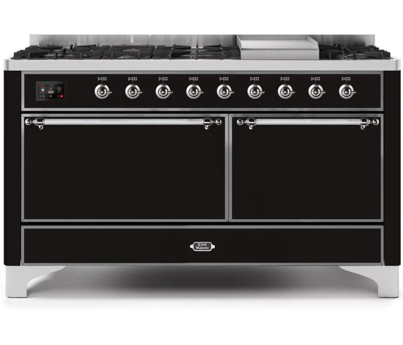 ILVE UM15FDQNS3BKCLP Majestic II 60 inch Dual Fuel Range with 9 Burners, Griddle (Liquid Propane, Solid Door, Glossy Black, Chrome)
