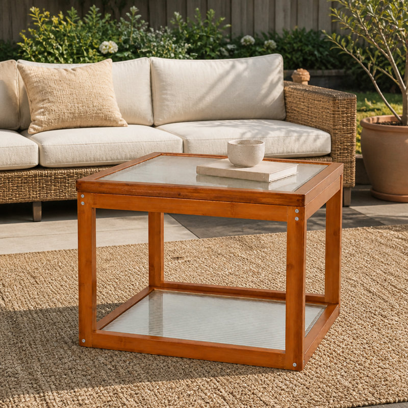 Petite table basse carrée, table basse avec rangement - table basse en bambou véritable et verre cannelé à 2 niveaux pour le salon, table de salon naturelle pour appartement et petits espaces