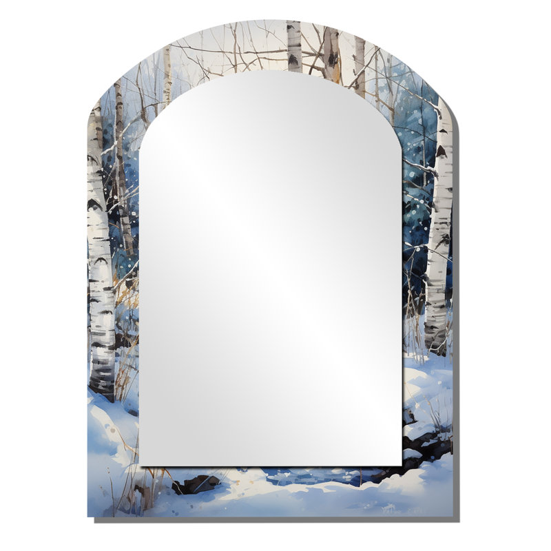 Birch Woods Winter Moonrise I - miroir mural décoratif en arche de bouleau, miroir asymétrique traditionnel, impression d'art en métal