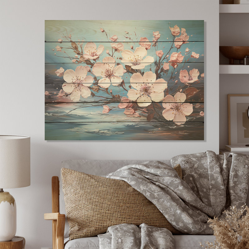 Fleur de pommier, art mural sur bois de pin naturel, H 10 po x l 20 po
