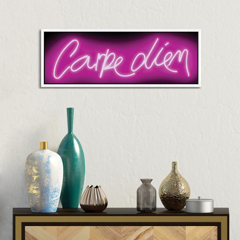 Neon Carpe Diem Pink On Black by Hailey Carr - Panoramic Print on Canvas, 30.48 cm H x 91.44 cm W, White Framed