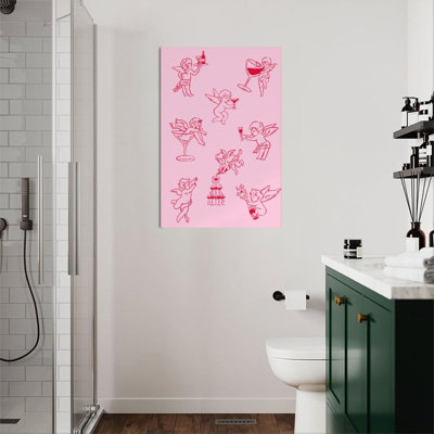 1pc Framed Valentine's Day Canvas Wall Art Prints Poster, Cupid Cocktail Art Posters Canvas Print Painting for Living Room Bedroom Office Bathroom Dor