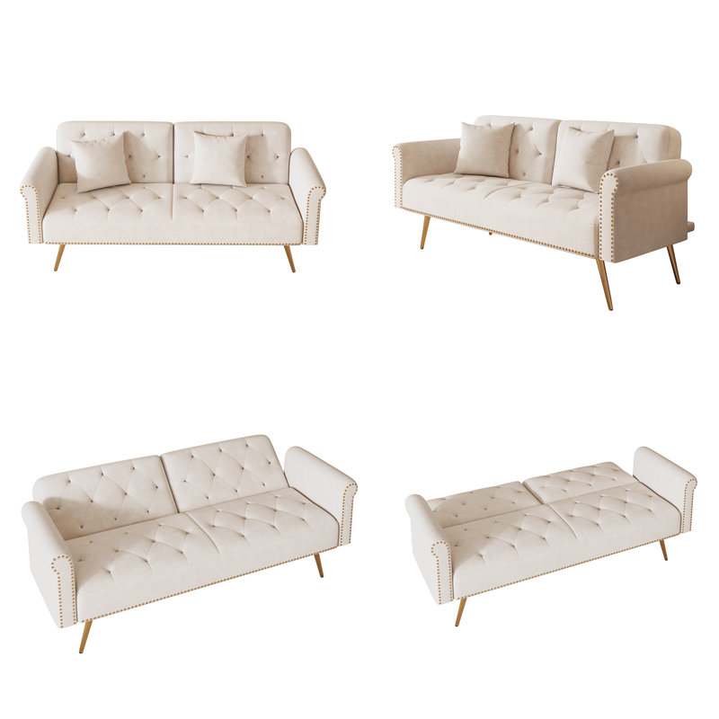 69.7" W Convertible Velvet Sofa Bed with Nailhead Trim and Matching Pillow, Beige, Beige