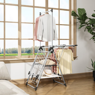 Clothes Drying Rack with High Hanger, Foldable 3-Level Drying Racks with Shoe Rack, Crossbar and Vertical Rod Laundry Stand with Adjustable Wings Silver