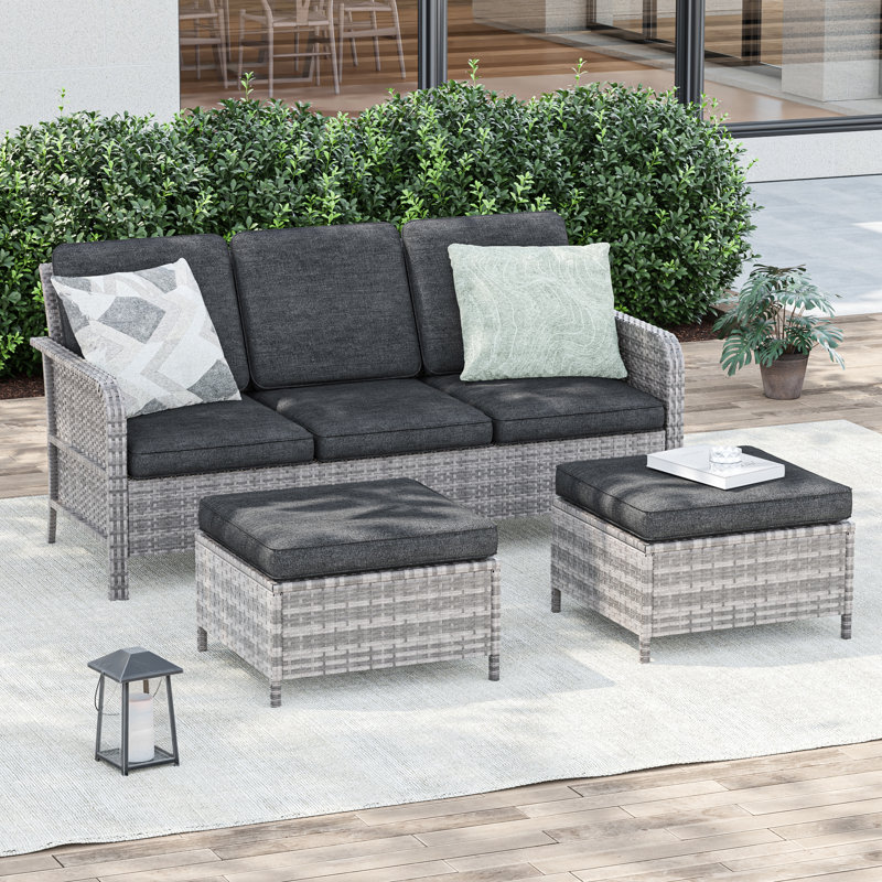 Ensemble de canapé de patio 3 pièces avec repose-pieds, Noir, noir, noir, noir