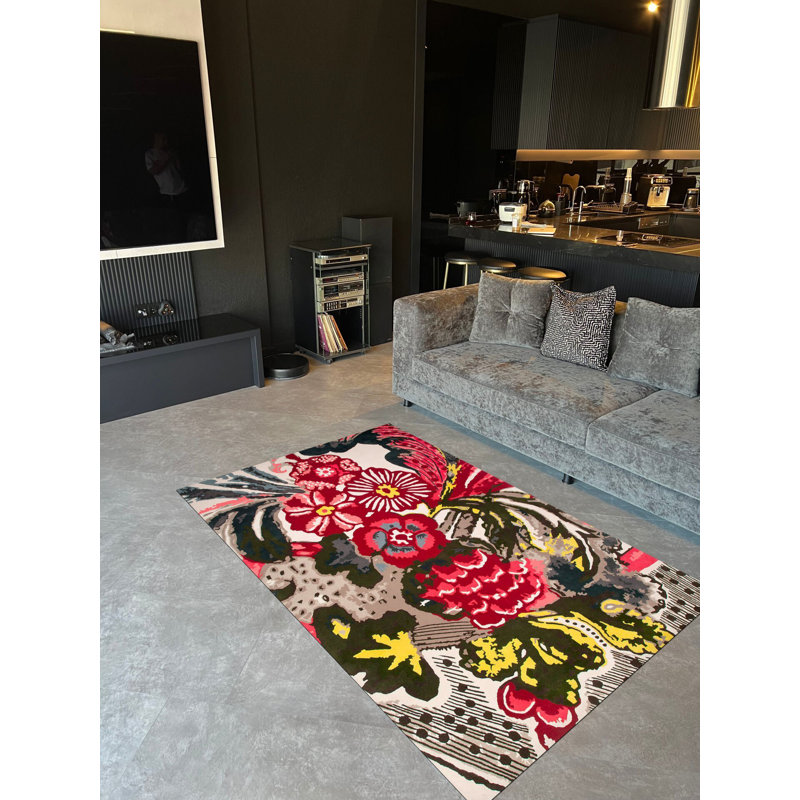 Tapis rouge multicolore à motif floral rouge, Tapis de couloir 3 pi 3,37 po x 6 pi 6,74 po